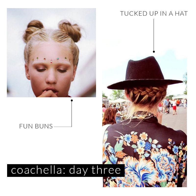 Coachella Hairstyles, Double Buns, Braided hair, Music Festival hats, festival fashion