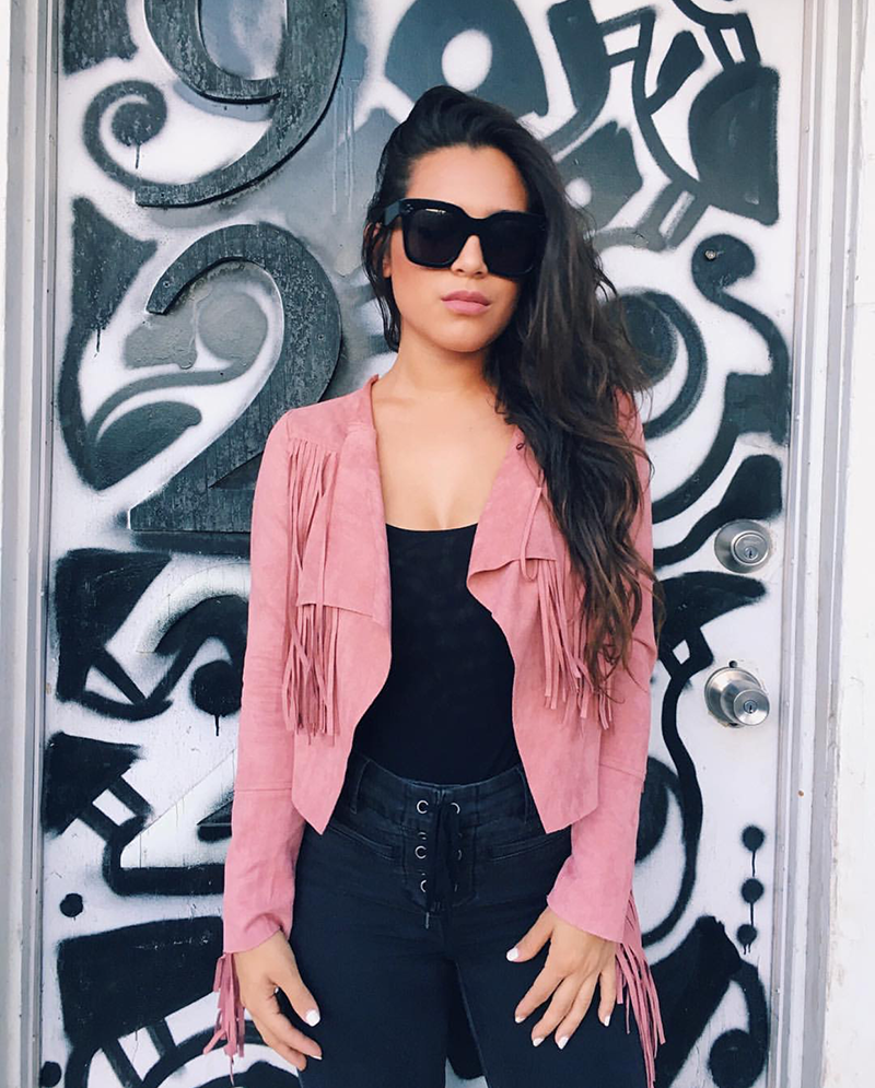 Pink Suede Fringe Jacket, All Black Outfit