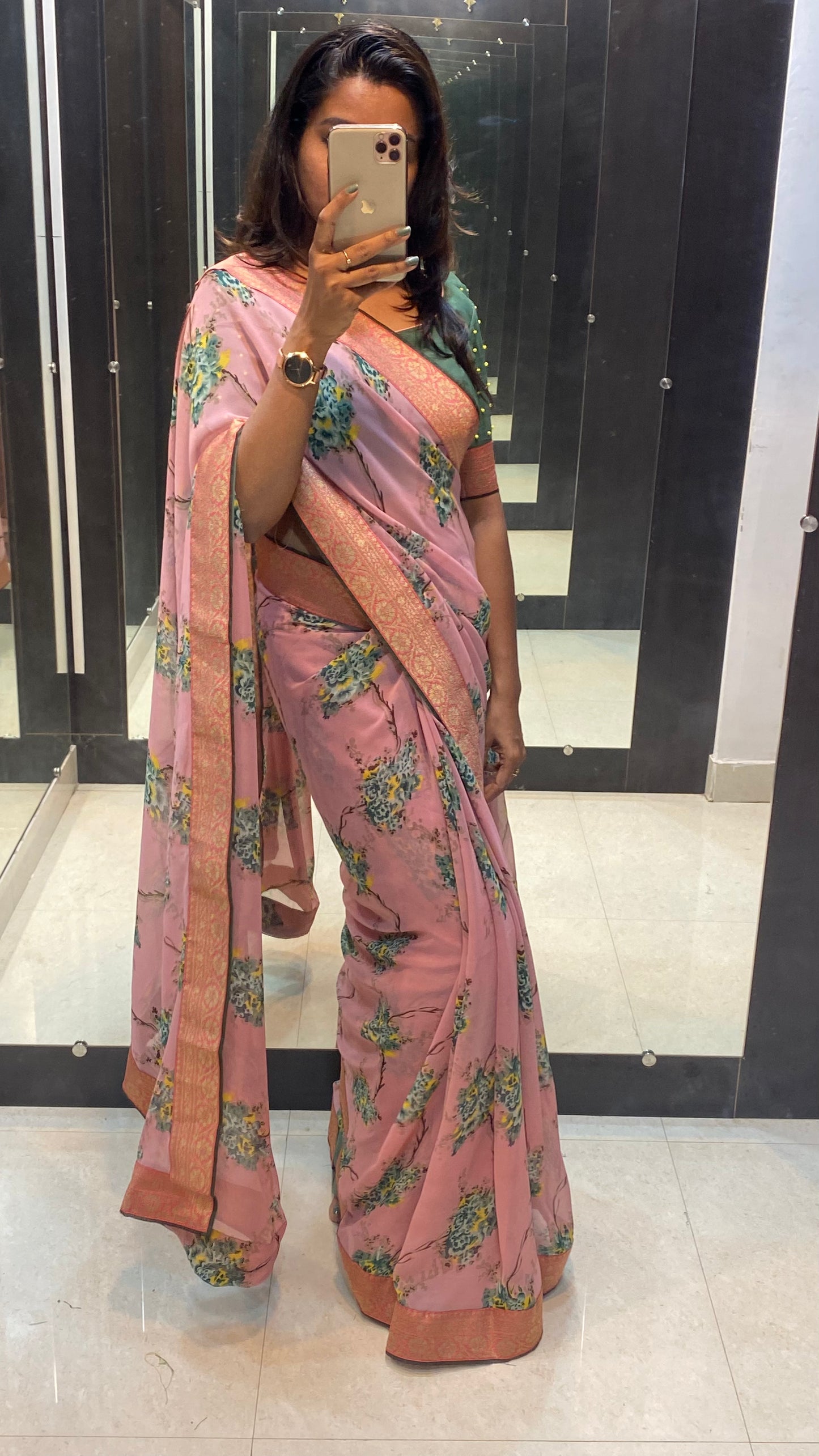 Onion pink floral saree with green blouse