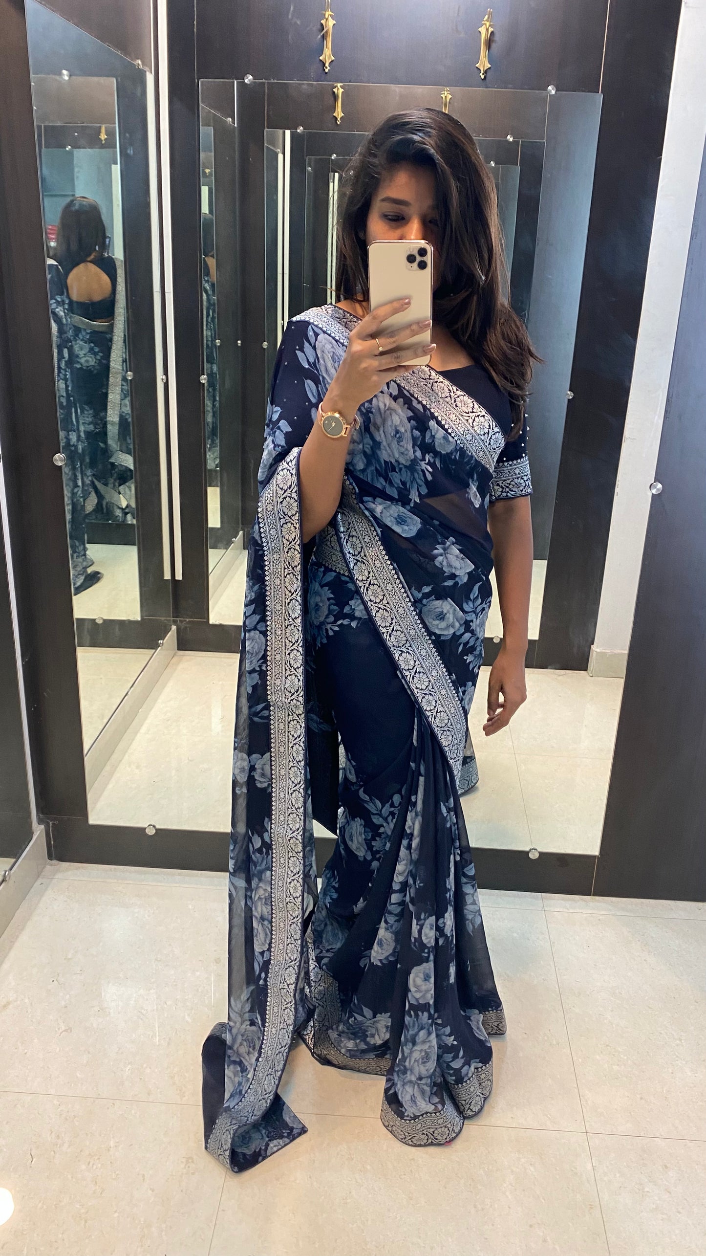 Midnight blue chiffon silk saree with Banarasi borders