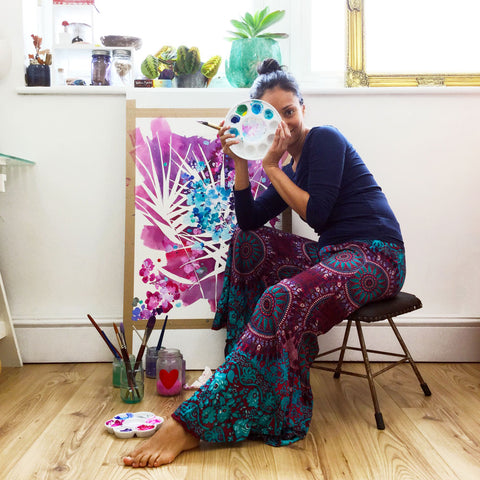 Watercolor artist Ingrid Sanchez, AKA CretiveIngrid in her studio. London 2018.