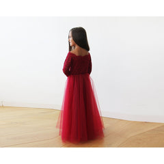 Off-The-Shoulder Burgundy Lace and Tulle Flower Girls Gown 5040