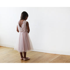 Midi pink Tulle and lace sleeveless Flower Girls Dress 5047