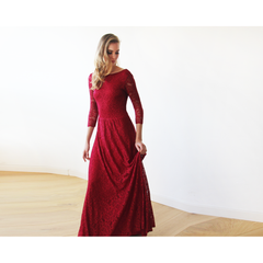 Floral lace backless maxi Bordeaux gown, Lace wedding dress, Maxi lace wedding dress