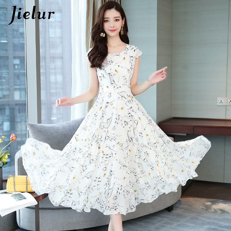 Summer Short Sleeve Floral Print Boho Dress Slim Vacation Asymmetry White Dresses