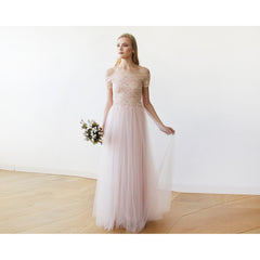Lace off-shoulders short sleeves maxi blush tulle dress 1139