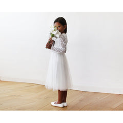 Midi Ivory Tulle and lace long sleeves Flower Girls Dress 5044