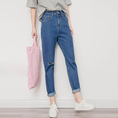 Harajuku Ripped Jeans For Women Spring High Waist Jeans Woman BF Jeans Femme Casual Harem Pants Denim Blue Trousers Women C3958