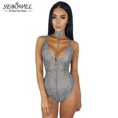 SEBOWEL 2018 Elegant Floral Red Lace Bodysuit Women Backless Deep V Neck Sexy Bodysuit Bodycon Halter Sleeveless Jumpsuit Romper
