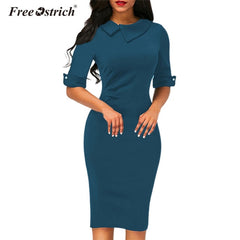 Free Ostrich Dress Women Turn-down Collar Spring Office Lady Half Sleeve Knee-Length Dresses Sheath Solid vestido B1240