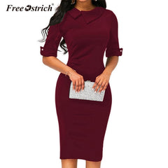 Free Ostrich Dress Women Turn-down Collar Spring Office Lady Half Sleeve Knee-Length Dresses Sheath Solid vestido B1240