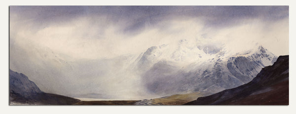 A passing snow shower in Cwm Idwal. A watercolour by Rob Piercy