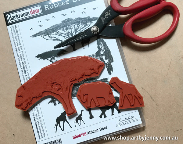 Tim Holtz Tonic Studio Scissors with trimmed African Tree stamps by Darkroom Door