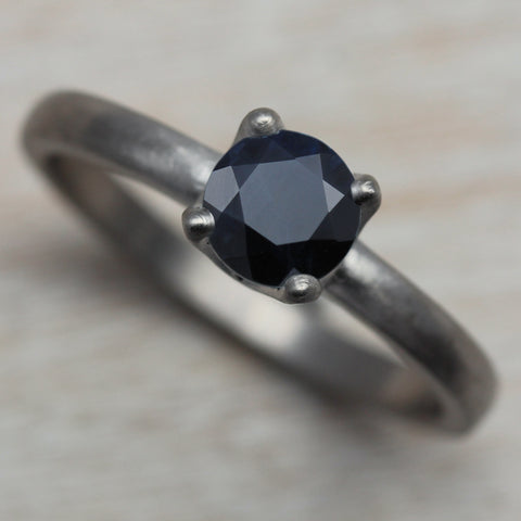 Blue Black Sapphire Crown Solitaire Engagement Ring in Palladium 