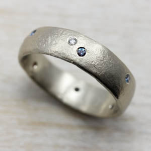 6mm Chunky Ancient Texture Band with Scatter of Flush Set Blue Diamonds