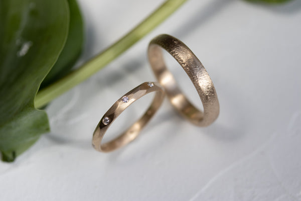 Men's & Women's Wedding Band Set In Yellow Gold Faceted and Rustic Rings