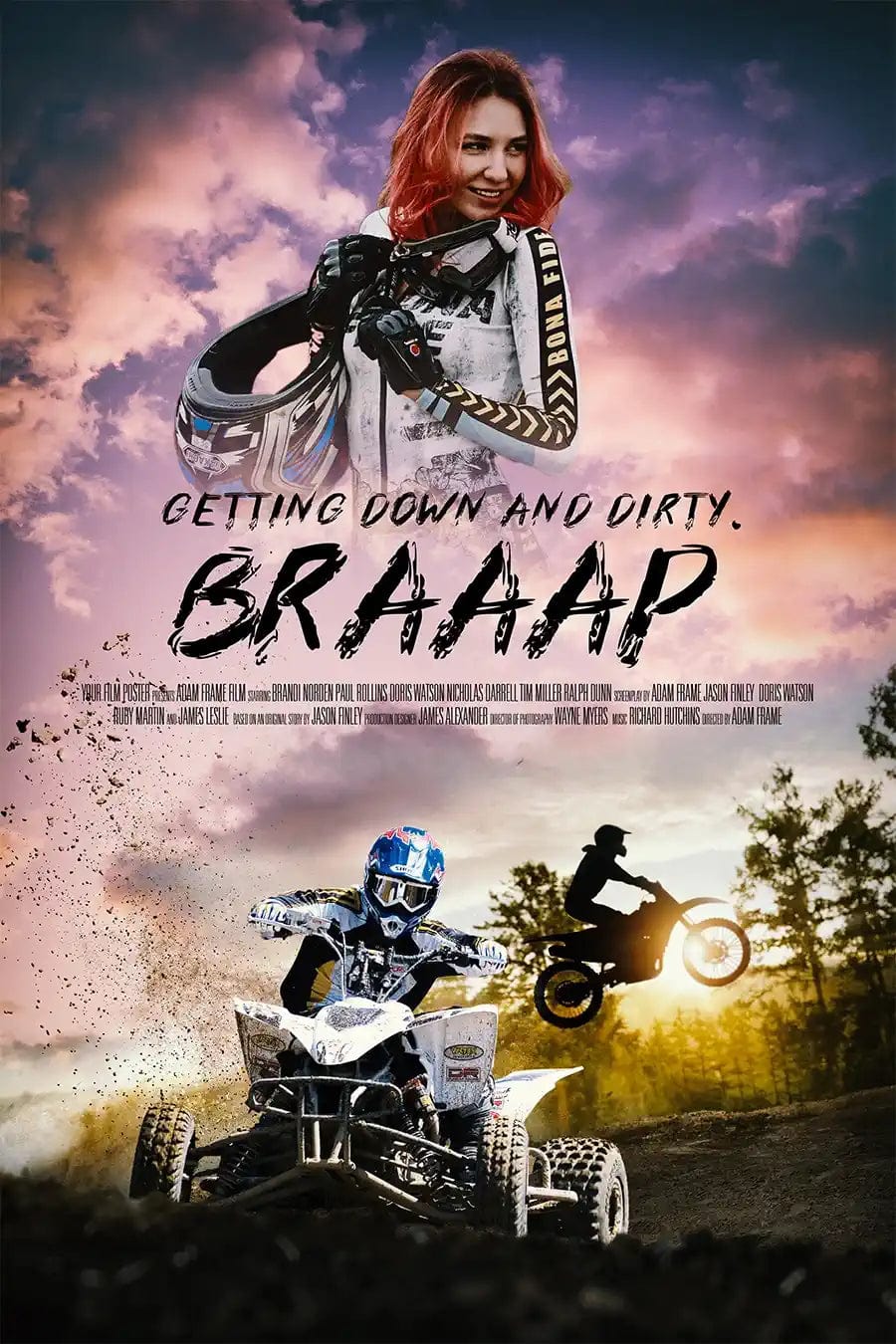 Dirt bike motocross gift idea: a personalized movie poster with your dirt bike photo! This example shows a girl holding a helmet, and a quad in the dirt below.