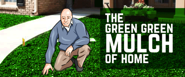 man sitting on his lawn in green rubber mulch