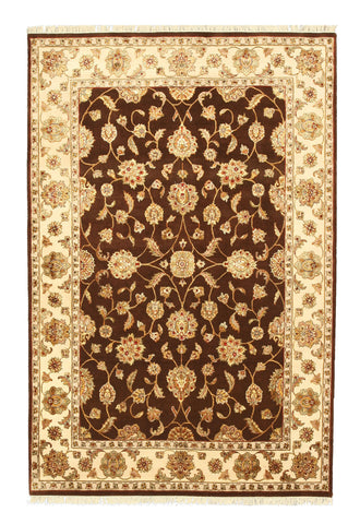 Hand-knotted Wool & Silk Brown Traditional Oriental Flower Jaipur Rug