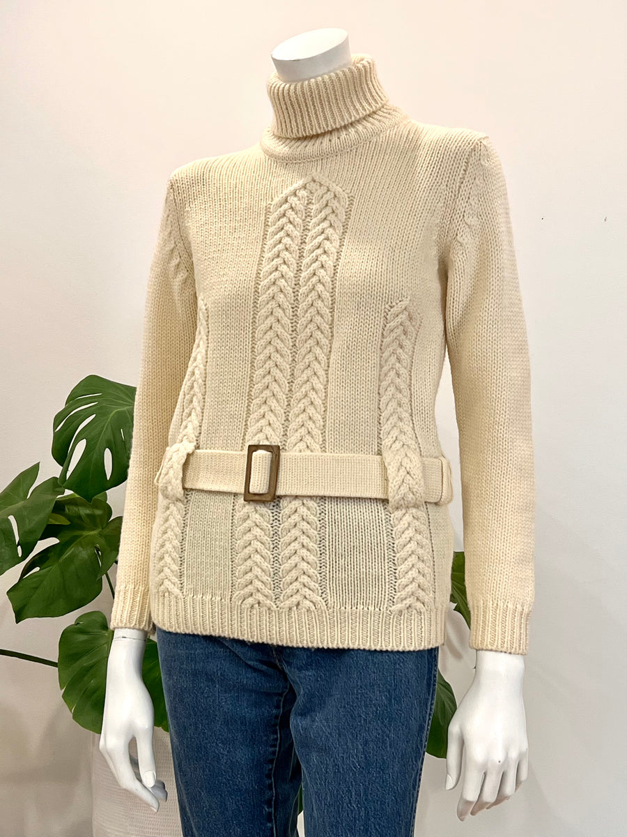 vintage ivory wool belted turtleneck cableknit sweater 70s