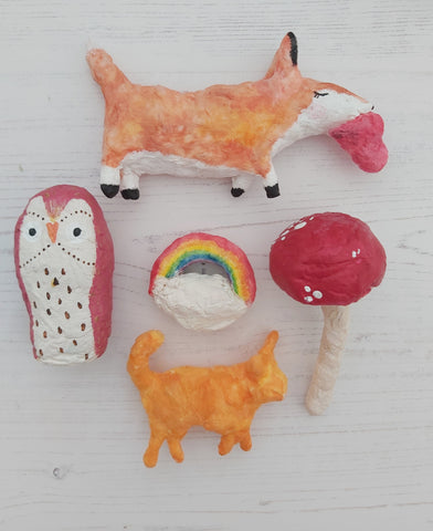 group shot of spun cotton ornaments - owl, fox, rainbow, mushroom and cat