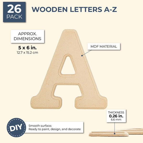 6 in, 26 Pack Wooden Alphabet White DIY Letters 