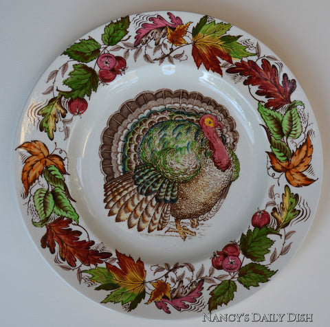 Thanksgiving Tom Turkey Dinnerware Set 8 Brown Transferware Plates & Platter Clarice Cliff Hand Painted Autumn Foliage