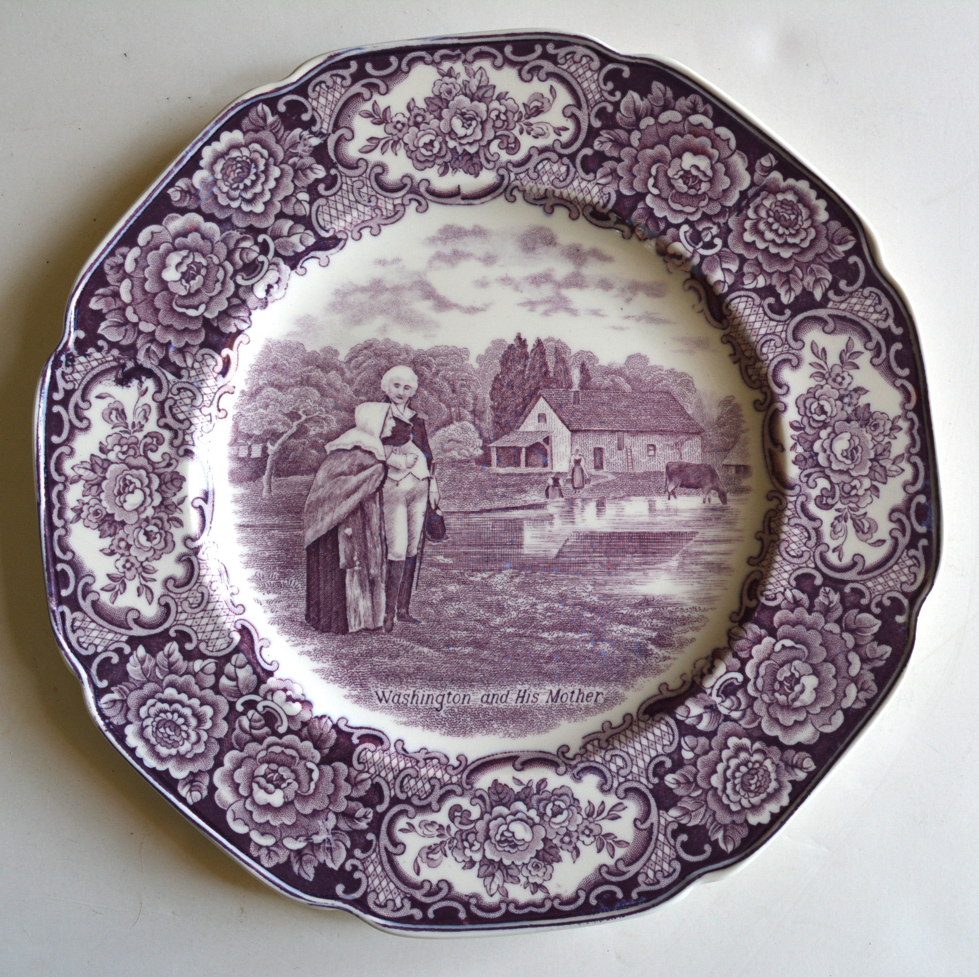 Circa 1932 Purple Aubergine Transferware Octagon Shaped Plate Washingt 8998