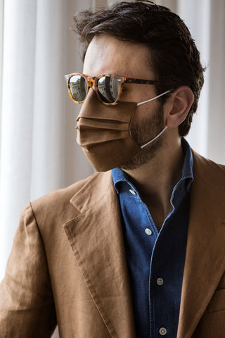 Fabio Attanasio wearing The Fleece Milano Brown Irish Linen Sartorial Face Mask