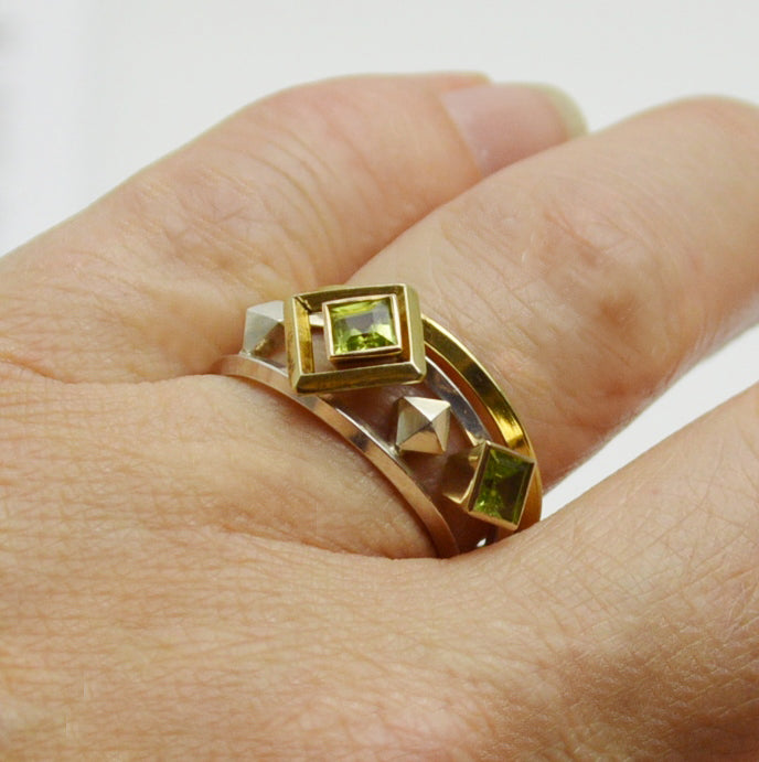 Gold Silver Peridot stacking rings by Gina Pankowski