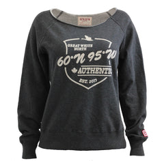 Women's dark charcoal boat-neck sweater.