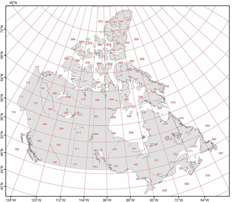 Map of Canada with numerous latitude and longitude degrees