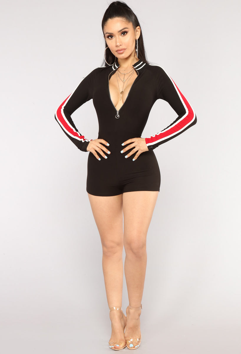 All Zipped Up Romper - Black/Red