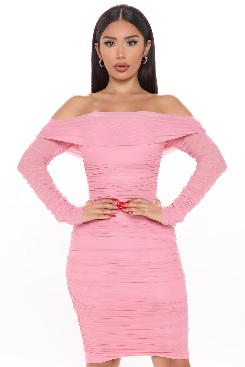 Buy Ready In A Ruched Off Shoulder Midi Dress in Pink from Fashion Nova. 