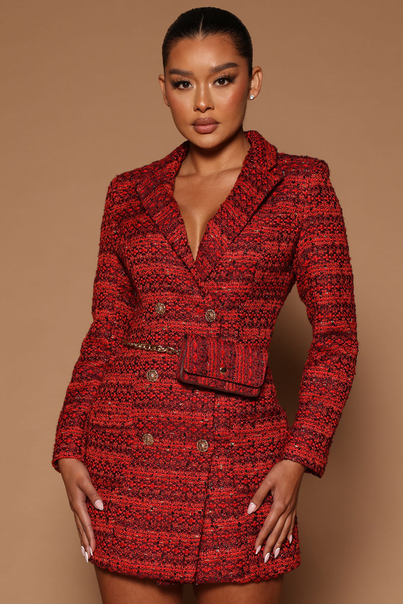 She's The Boss Tweed Blazer Dress Set - Red/combo
