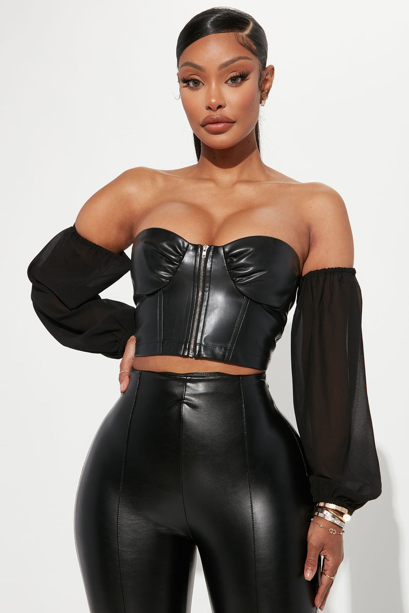 Cloe Faux Leather Crop Top - Black | Fashion Nova, Shirts & | Fashion Nova