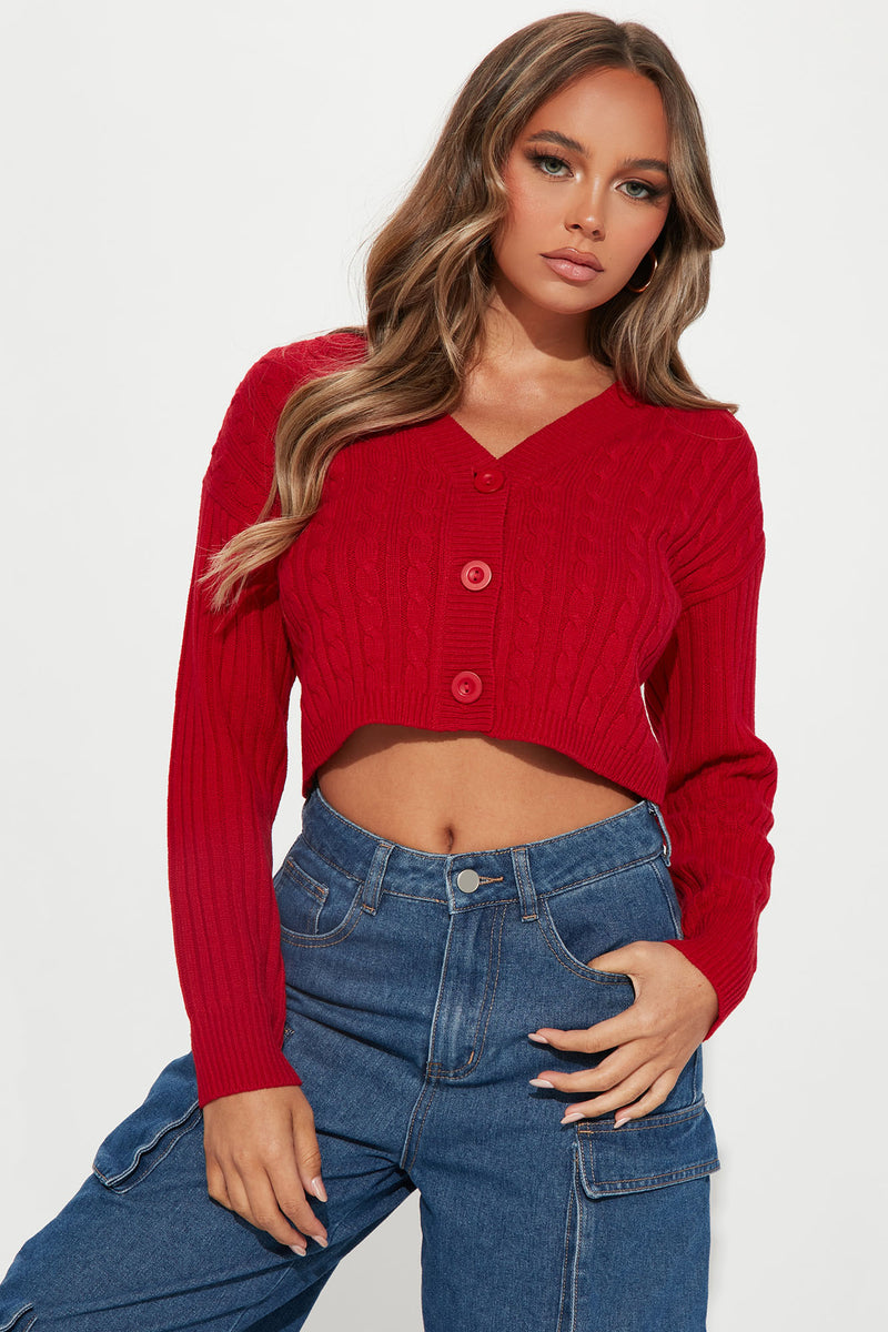Frankie Cable Knit Cardigan Sweater - Red