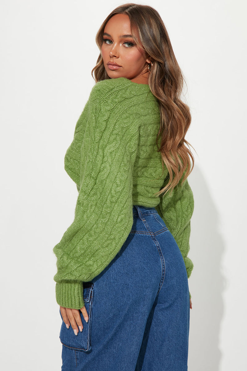 All Things Sweet Cable Knit Crossover Sweater - Green
