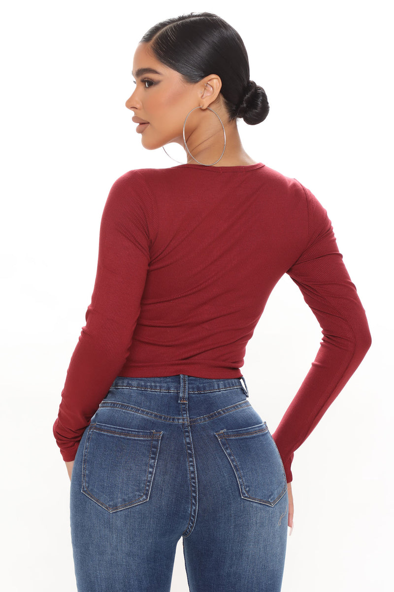 Raylin Ruched Long Sleeve Top Burgundy Fashion Nova Knit Tops Fashion Nova 