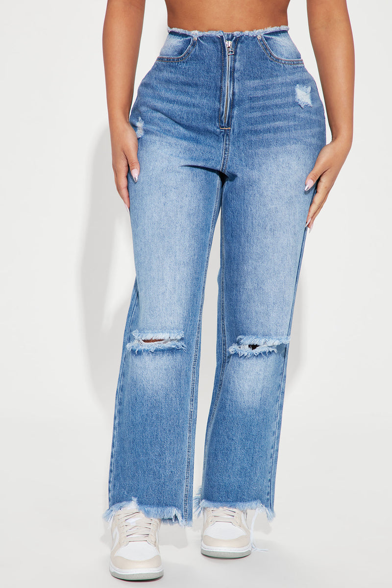 Cut Me Off Exposed Zipper Jeans - Medium Blue Wash | Fashion