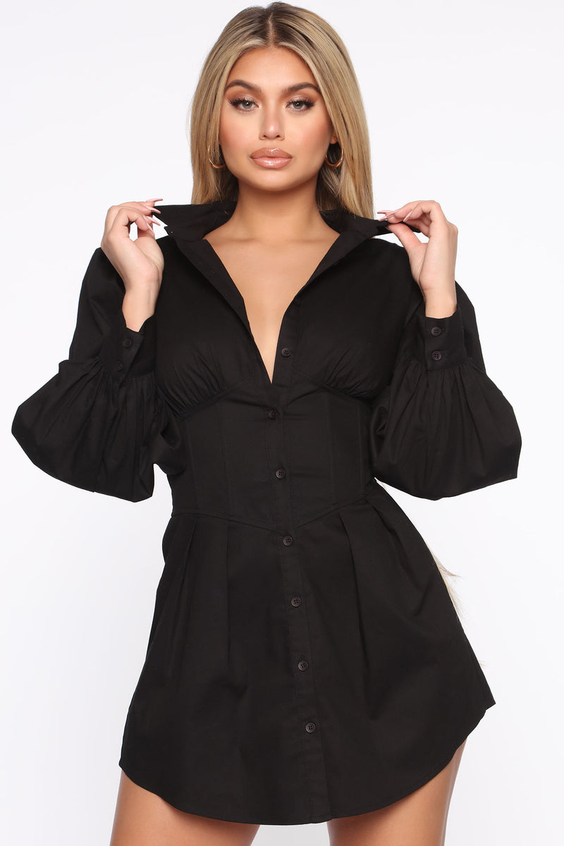 Demi Corset Shirt Dress - Black, Fashion Nova, Dresses