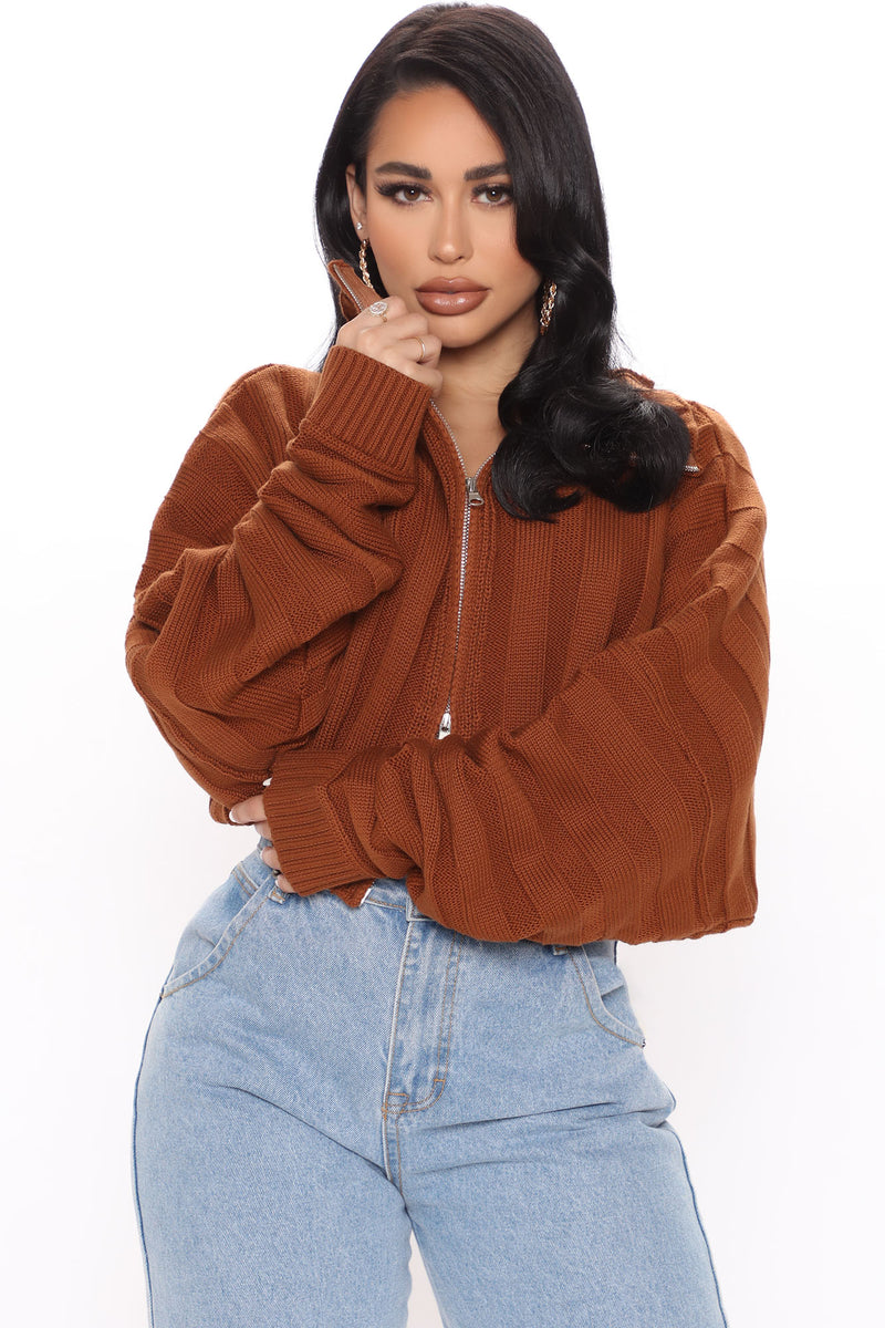 Cozy Girl Zip Front Cardigan Sweater - Chestnut