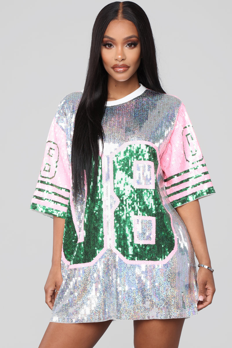 pink and green sequin jersey dress