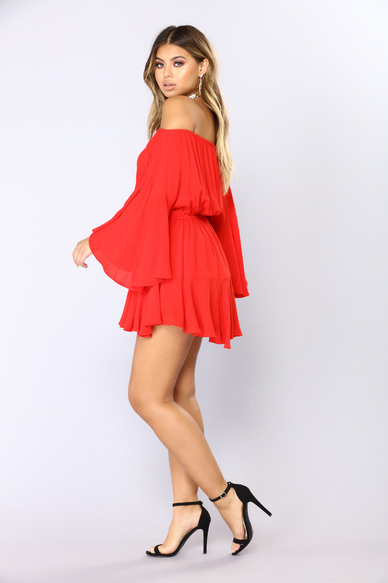 red off the shoulder romper