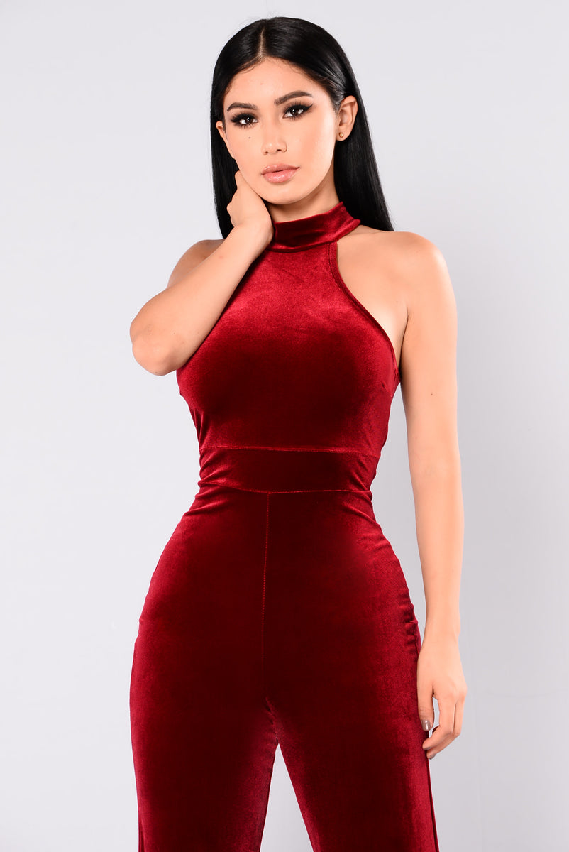 fashion nova red velvet jumpsuit