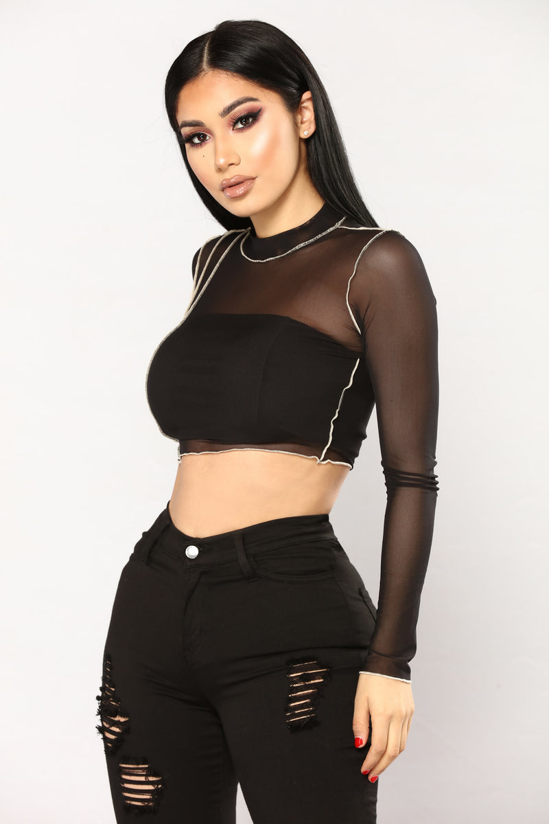 Gila Mesh Crop Top Black Fashion Nova Knit Tops Fashion Nova