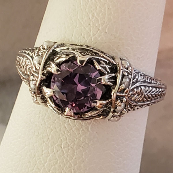 COLOR CHANGING LAB ALEXANDRITE ANTIQUE STYLE .925 STERLING SILVER RING #132 