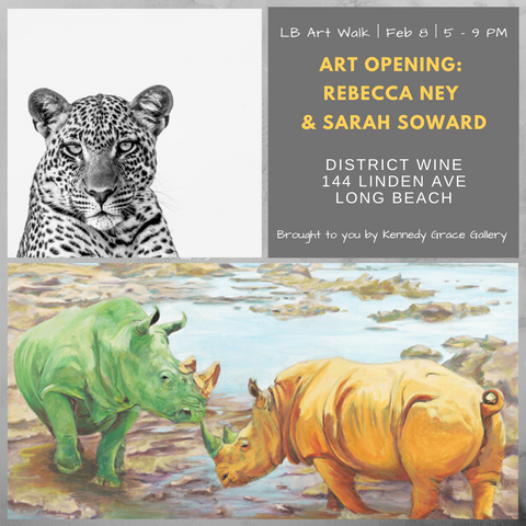Art Show flyer for Sarah Soward and Rebecca Ney at District Wine with images of a rhino painting and a leopard photograph