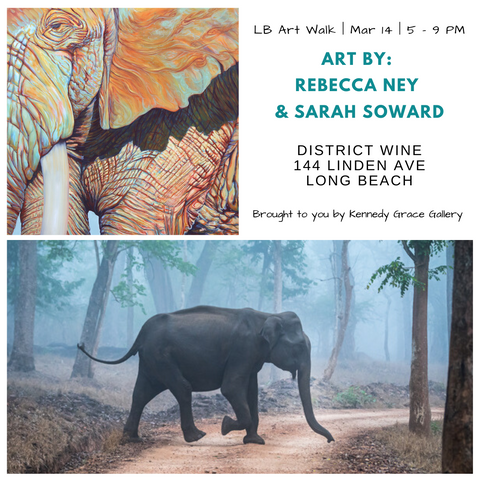 March 2020 art walk flyer for Sarah Soward and Rebecca Ney exhibition, images of elephants