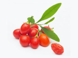Group of whole Goji Berries with one example of sun dried Goji Berry to the bottom right.